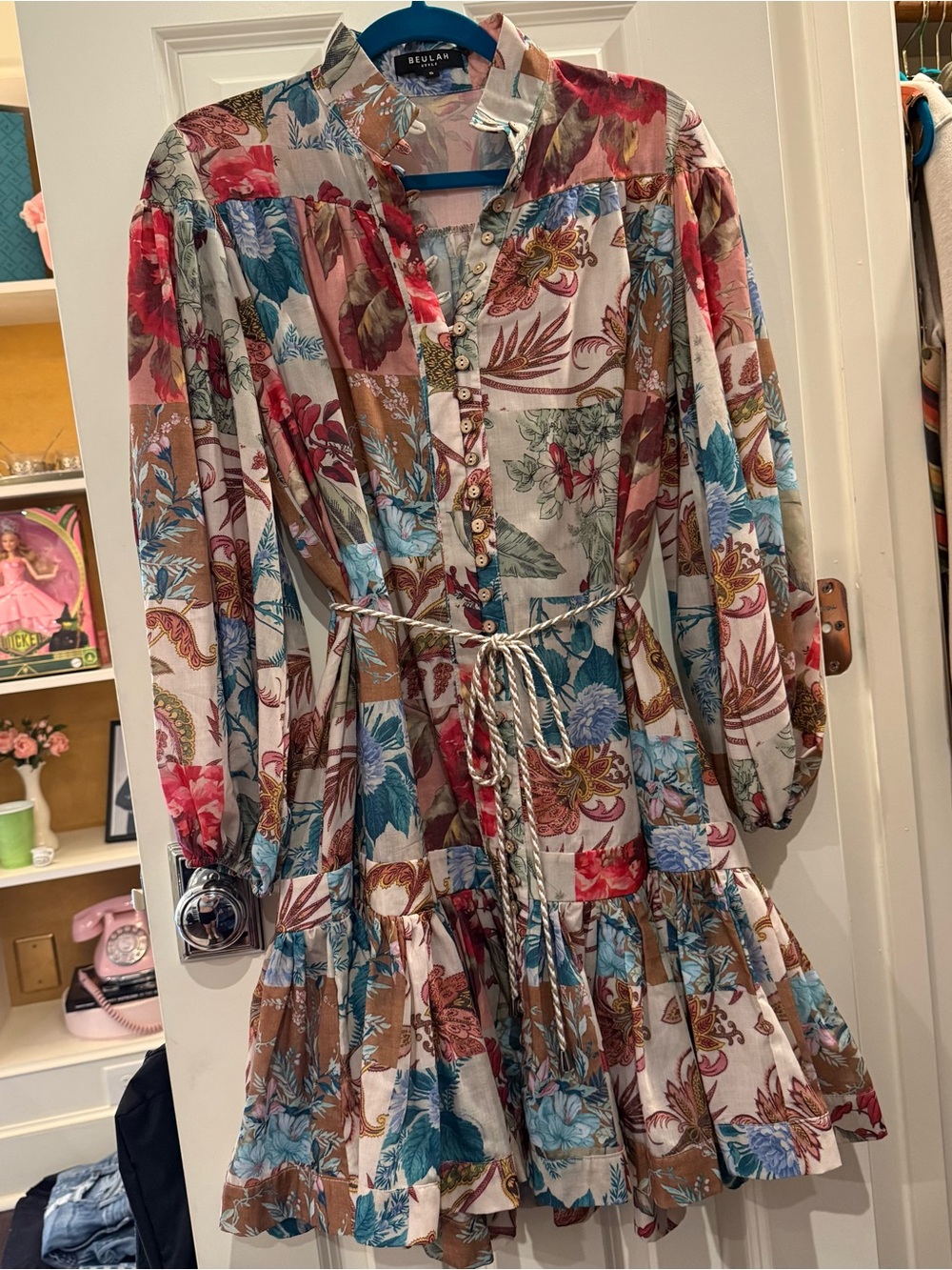 Beulah Style Tropical Colorful Button Down Drop Waist Pleated Boho Dress size S
